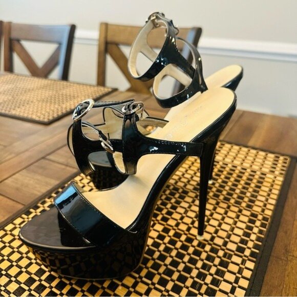 Black Patent Platform Stiletto Heels Strappy Sandals Size 8 New Without Box - Picture 3 of 12